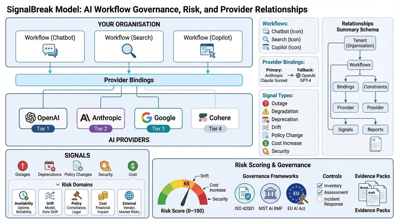 SignalBreak Governance Model - Workflow showing provider signals, dependency mapping, and risk scoring relationships