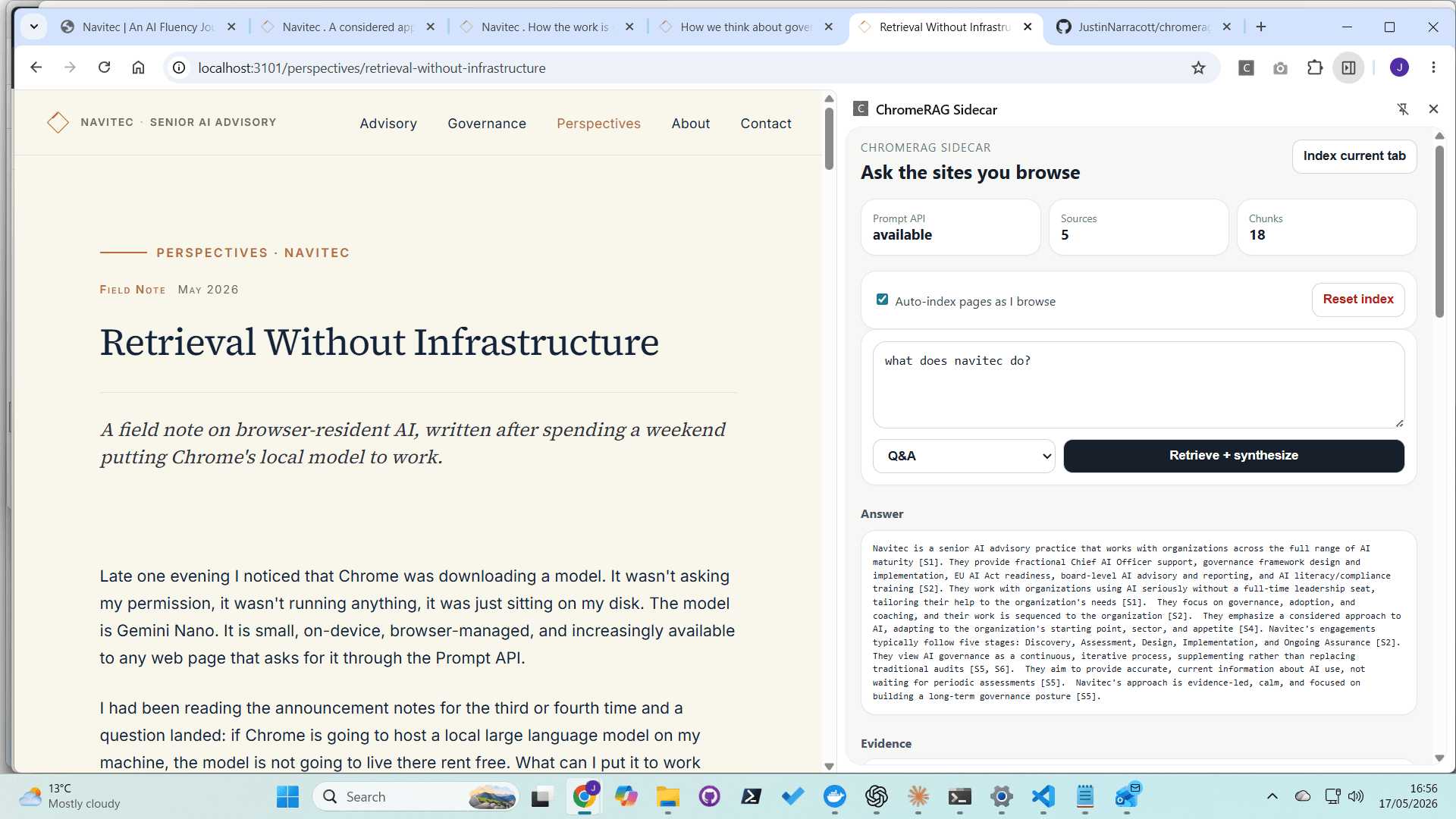 ChromeRAG v6 side panel open alongside the Navitec article, showing the Prompt API status, indexed source counts, the indexing controls, and a query with cited evidence rendered as the local model synthesises the answer.